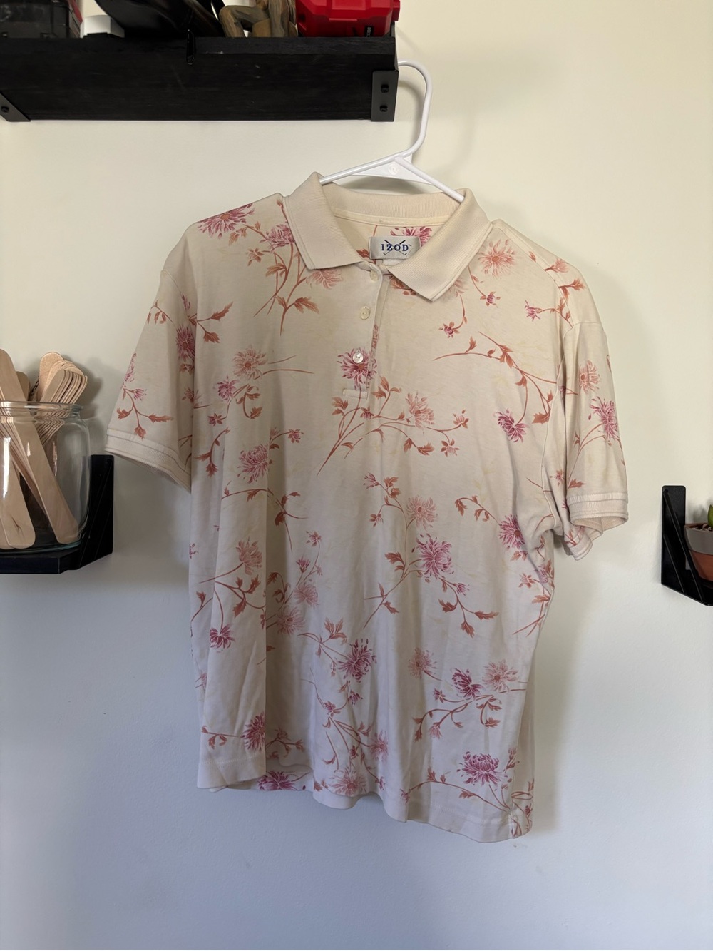 IZOD Women’s Beige Polo Shirt with Pink Floral Print